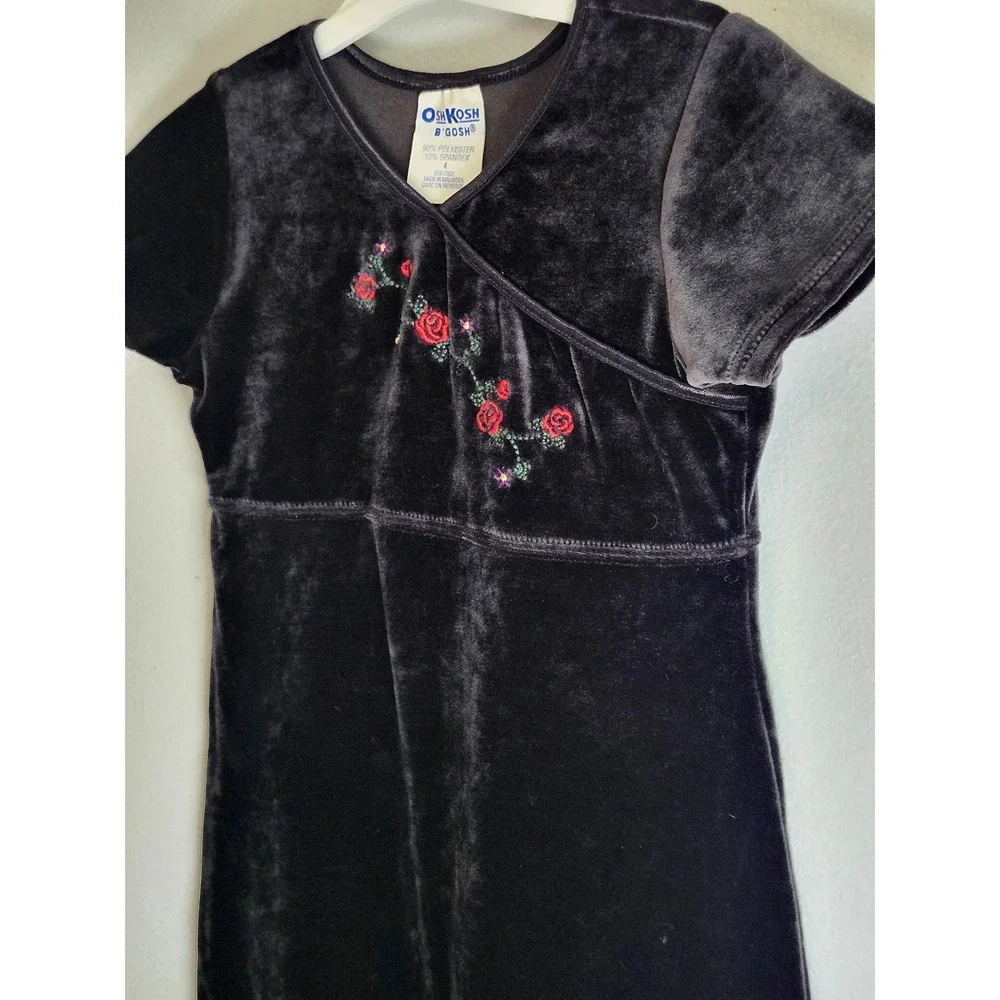 Vintage OshKosh B'Gosh Black Velvet Dress Girls Size 4 Floral Embroidered 90s